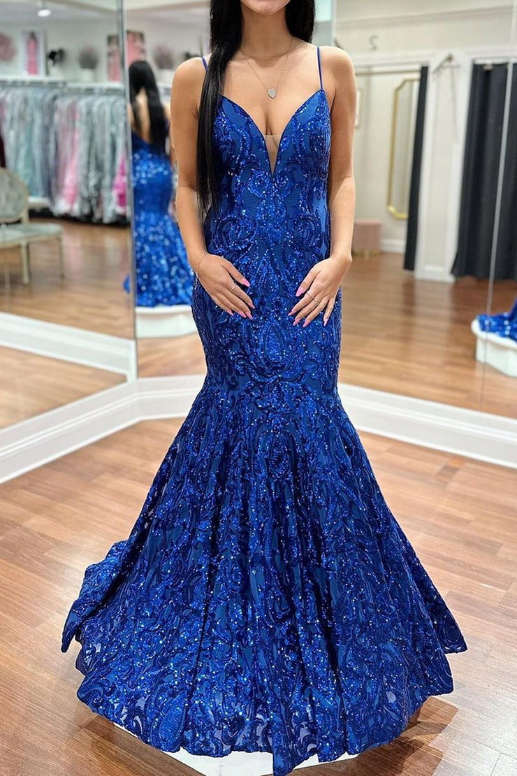 Royal Blue V Neck Sequins Lace Mermaid Long Prom Dress, PD25193