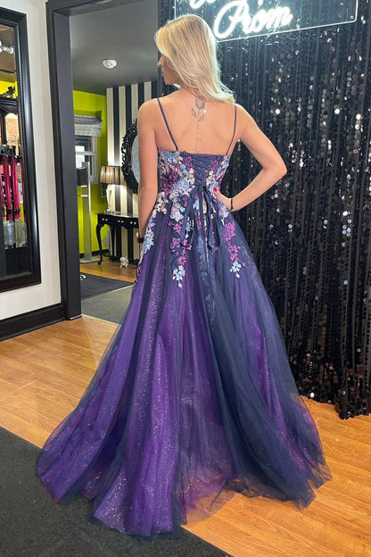 Purple Tulle Long Prom Dress with Spaghetti Straps and Appliques