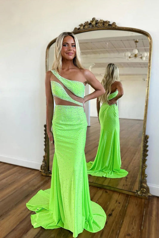 One Shoulder Green Beaded Satin Mermaid Long Prom Dress