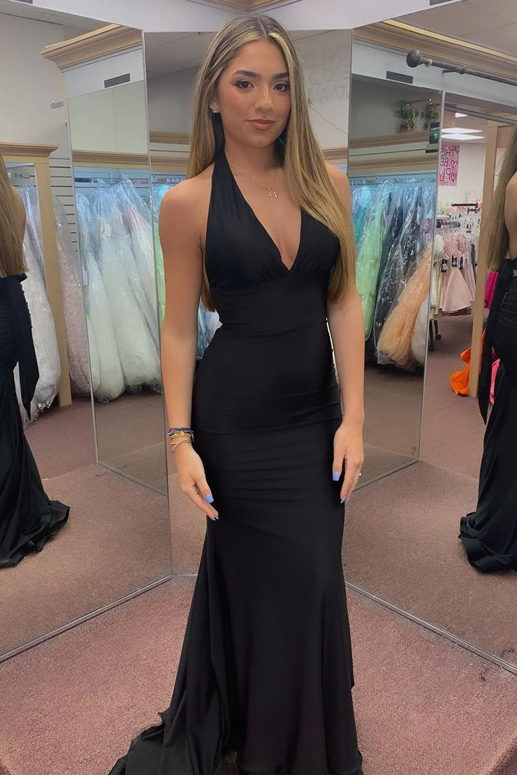 Black Satin Halter Backless Mermaid Long Prom Dress