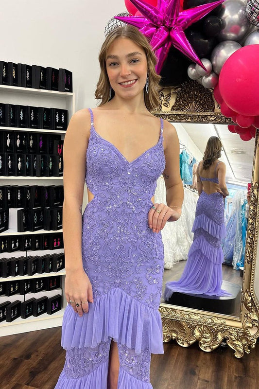 Lilac Sequin Mermaid V Neck Ruffle Long Prom Dress