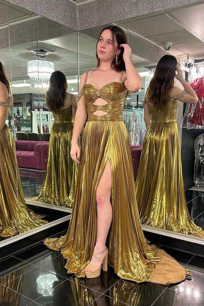 Gold Cold Shoulder Satin Pleated Long Prom Dresses with Slit