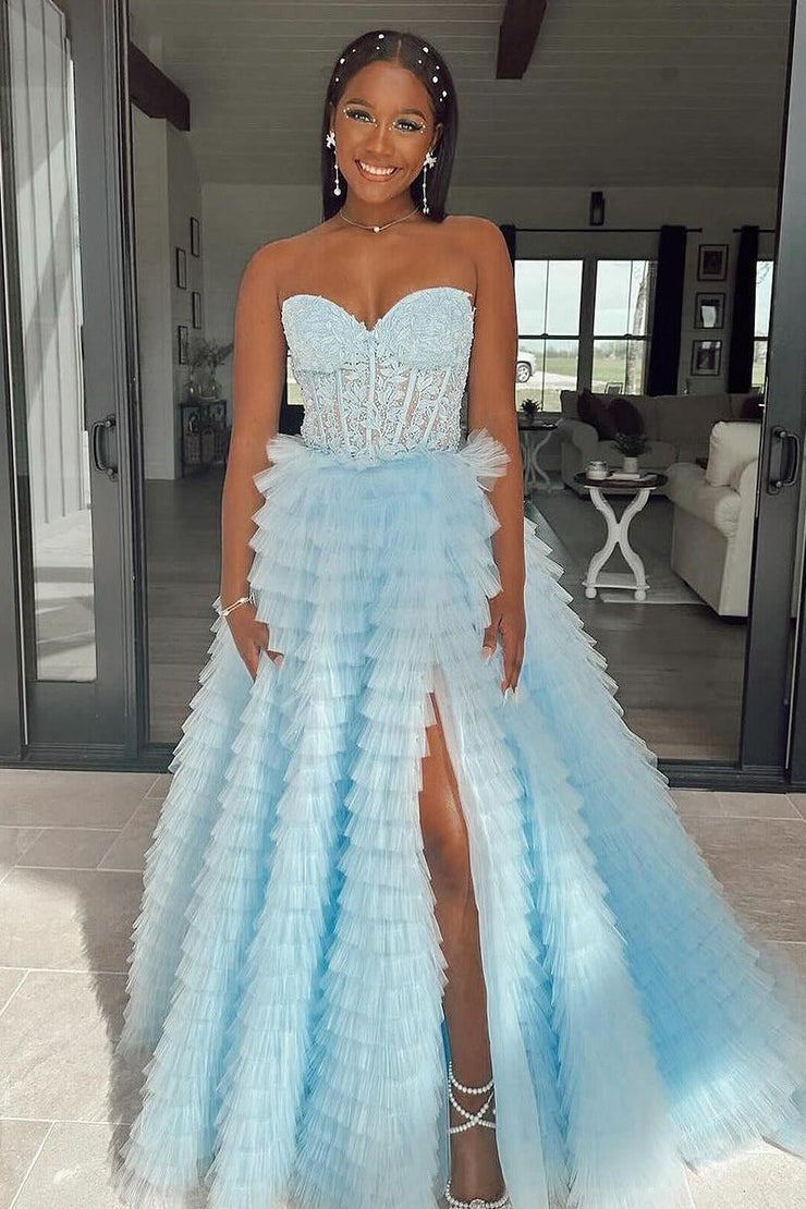 Strapless A Line Ruffle Tiered Tulle Long Prom Dresses