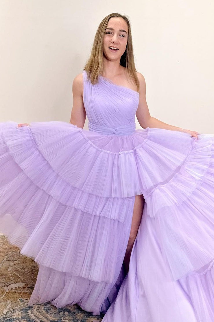 One Shoulder A-Line Tiered Tulle Long Prom Dress with Slit, PD25206