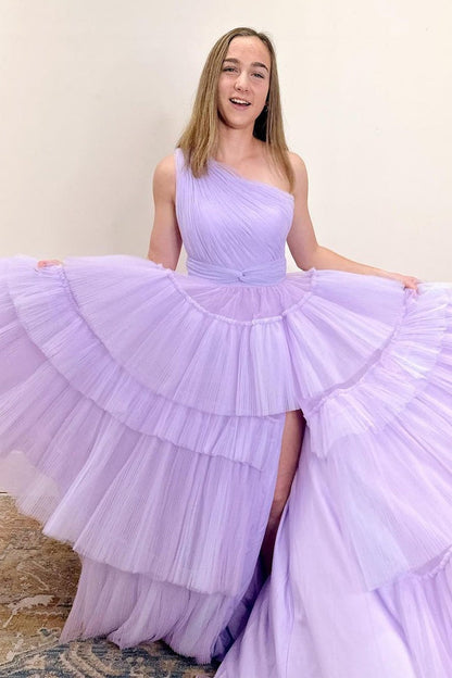 One Shoulder A-Line Tiered Tulle Long Prom Dress with Slit, PD25206