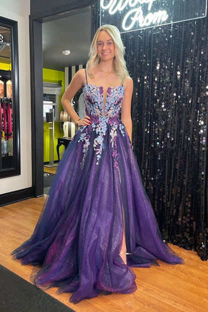 Purple Tulle Long Prom Dress with Spaghetti Straps and Appliques