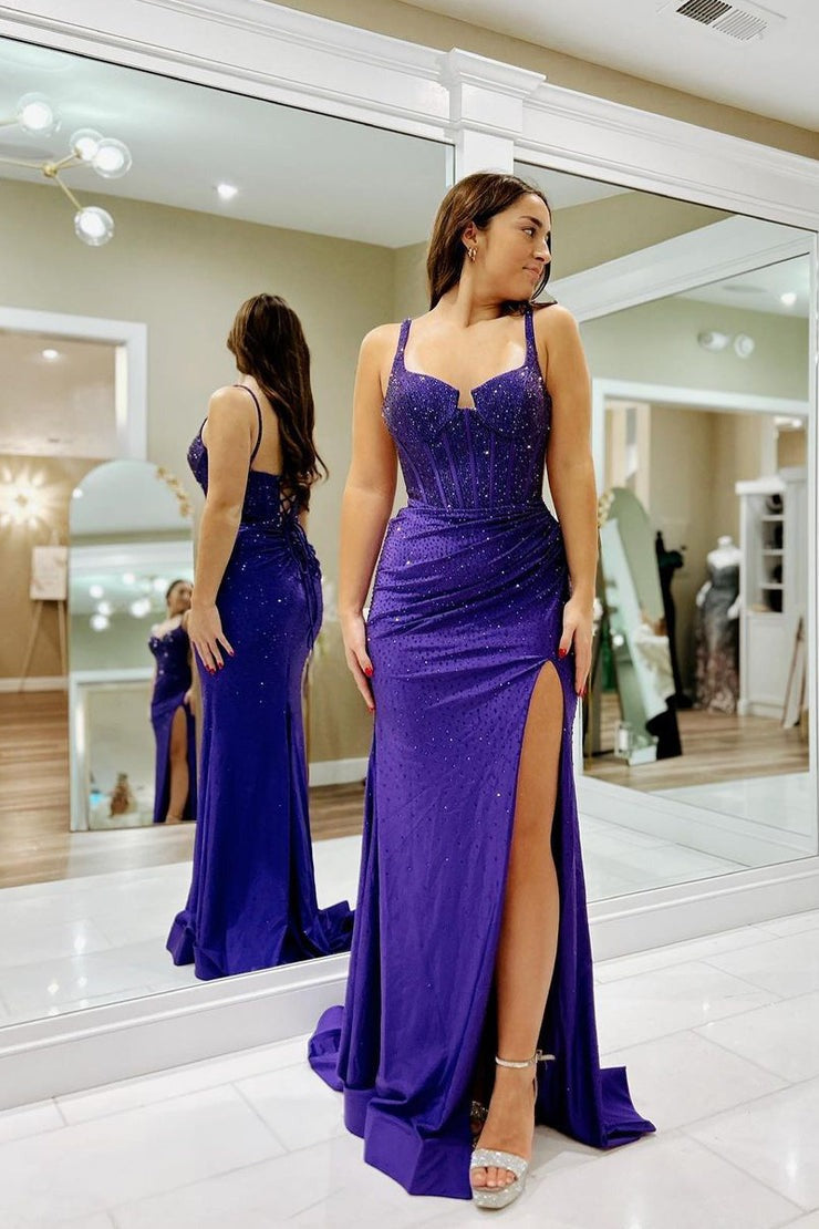 Purple Mermaid Satin Long Prom Dresses with Beads, PD25602