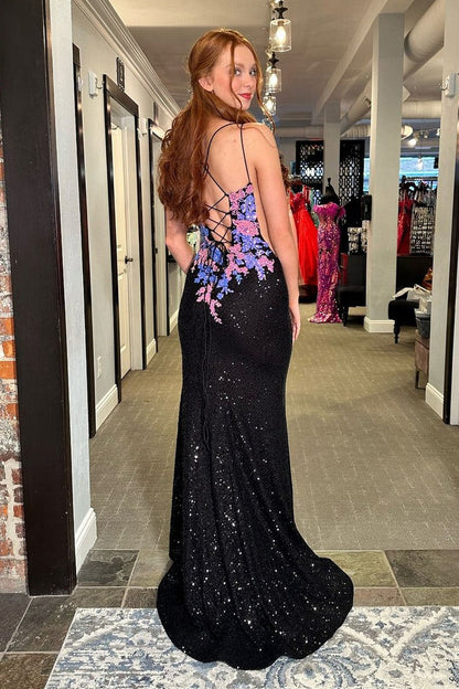 Black Sequin Mermaid V Neck Long Prom Dress with Appliques