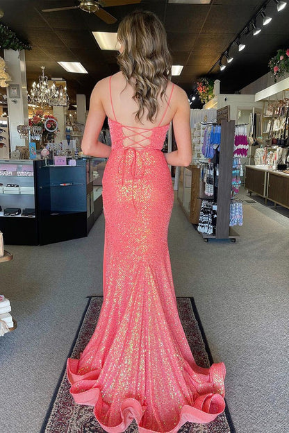 Pink Sequin V Neck Long Prom Dress with Slit