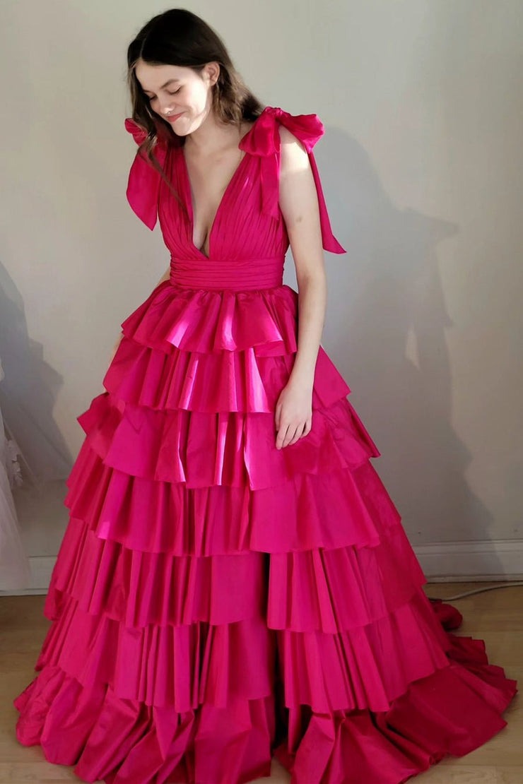 Black Plunge V Tiered Ruffle Ball Gown with Slit, PD25682