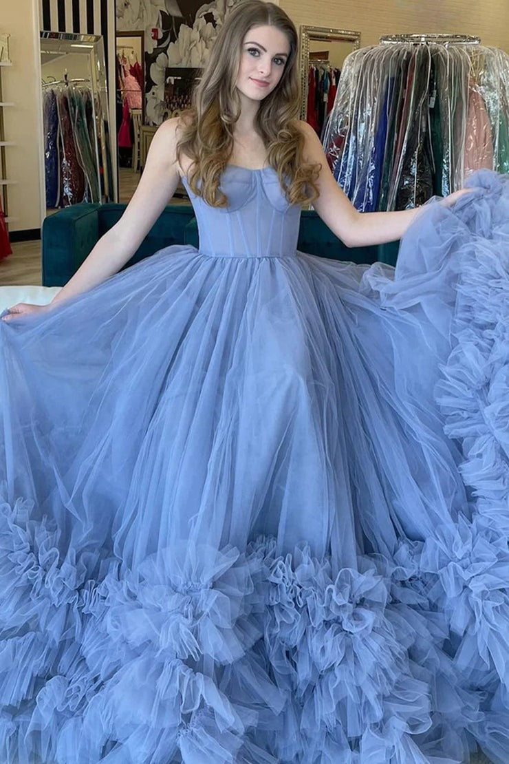 Periwinkle Tulle Strapless Tiered A - Line Long Prom Dresses