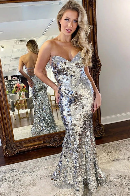 Silver Sequin Strapless Lace-Up Trumpet Long Prom Dress, PD25573