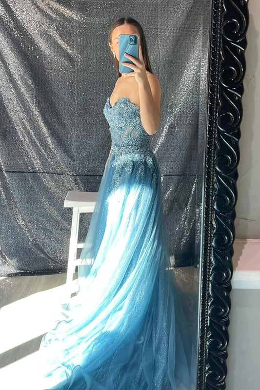 Aqua Strapless A-line Floral Appliques Long Prom Dress, PD25693