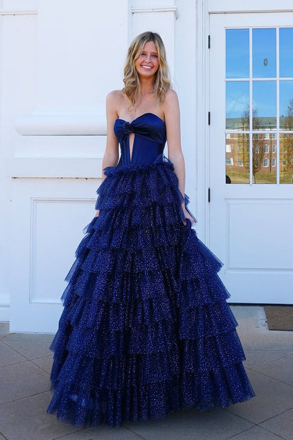 Navy Tulle Tiered Cute Ball Gown Sweetheart Keyhole Prom Dresses