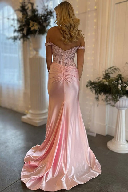 Stretch Satin Mermaid Off the Shoulder Prom Dress with Slit