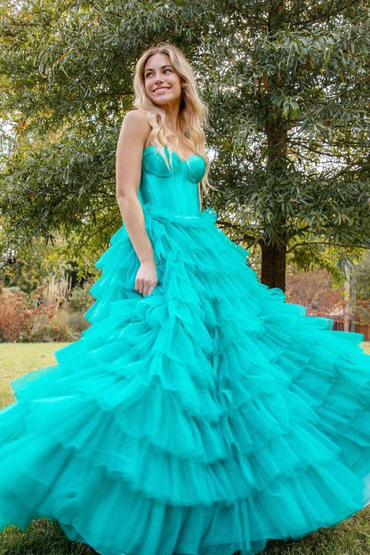 Turquoise Tulle A-Line Strapless Long Prom Dresses