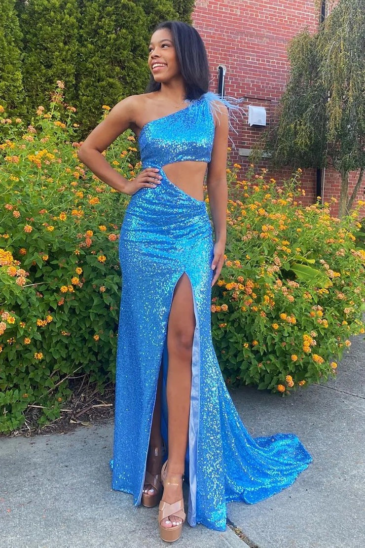 Sparkly Mermaid One Shoulder Blue Sequins Long Prom Dress with Feather