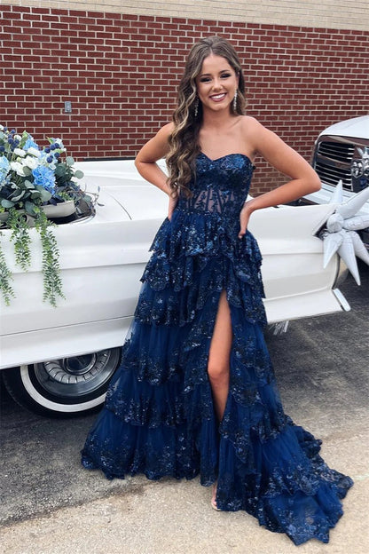 Navy Tiered A Line Cute Off the Shoulder Tulle Prom Dress with Appliques, PD25403