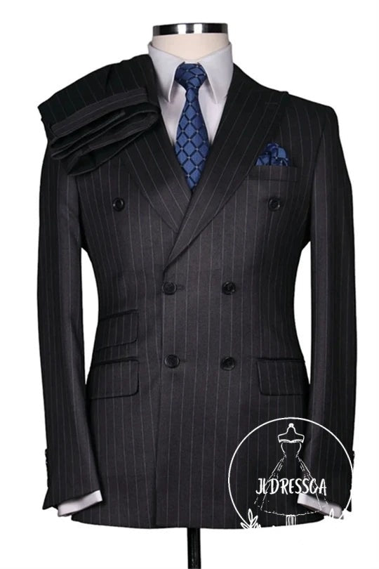 Gray Newest Striped Peaked Lapel Men Suits, SU25187