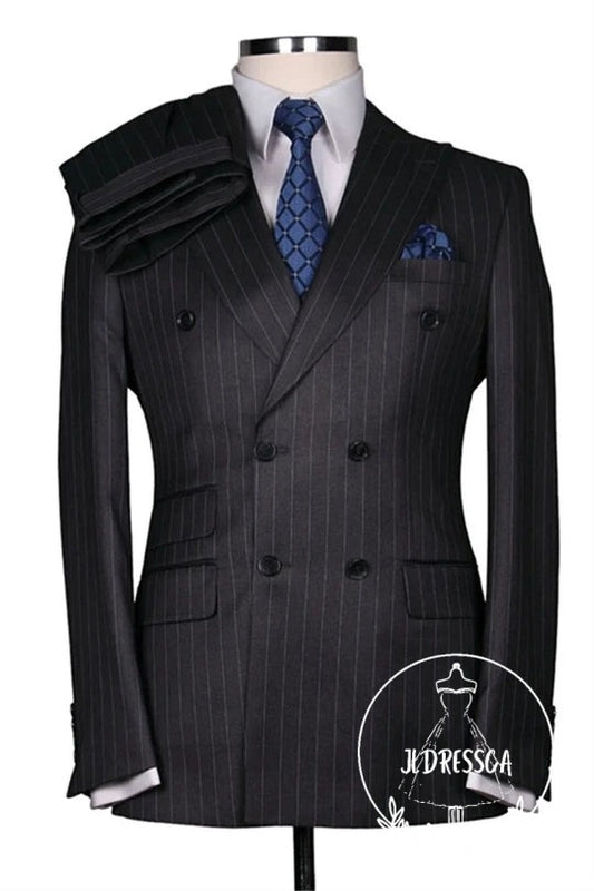 Gray Newest Striped Peaked Lapel Men Suits, SU25187