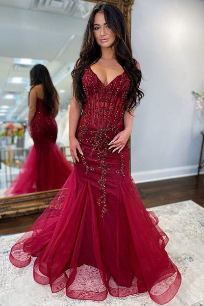 Burgundy Mermaid Tulle Long Prom Dresses with Appliques, PD25513