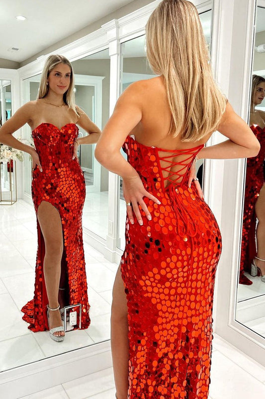 Red Sweetheart Mermaid Long Prom Dresses with Slit, PD25712