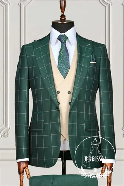 Plaid Green Three Pieces Prom Men Suits, SU25067