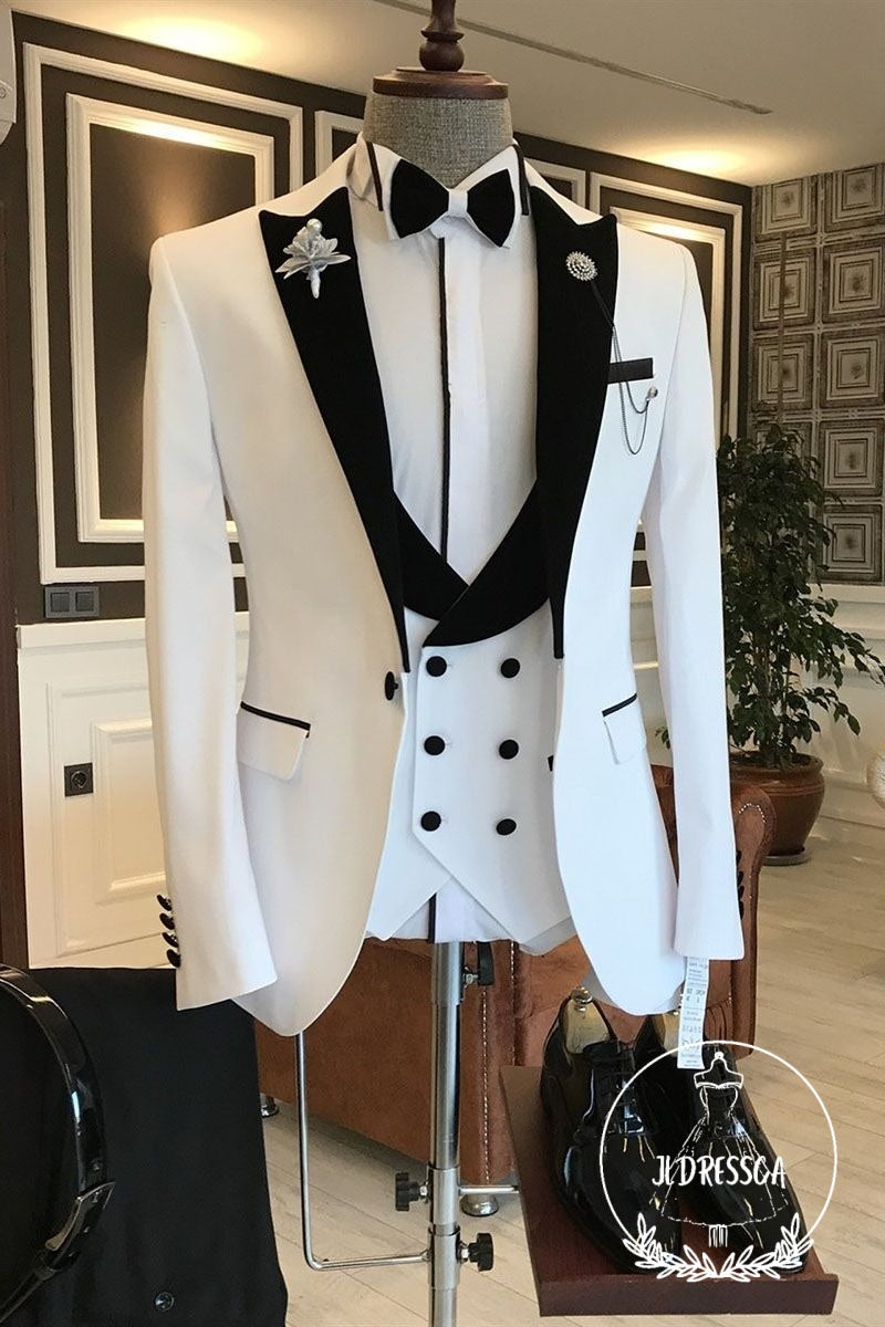 White Mixed Black Peaked Lapel One Button Slim Fit Prom Men Suit, SU25035