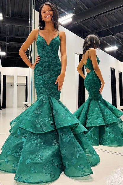 Emerald V - Neck Trumpet Long Gown with Appliques, PD25583