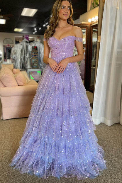 Lavender Tulle Off the Shoulder Ruffle Tiered Long Prom Dress, PD25433