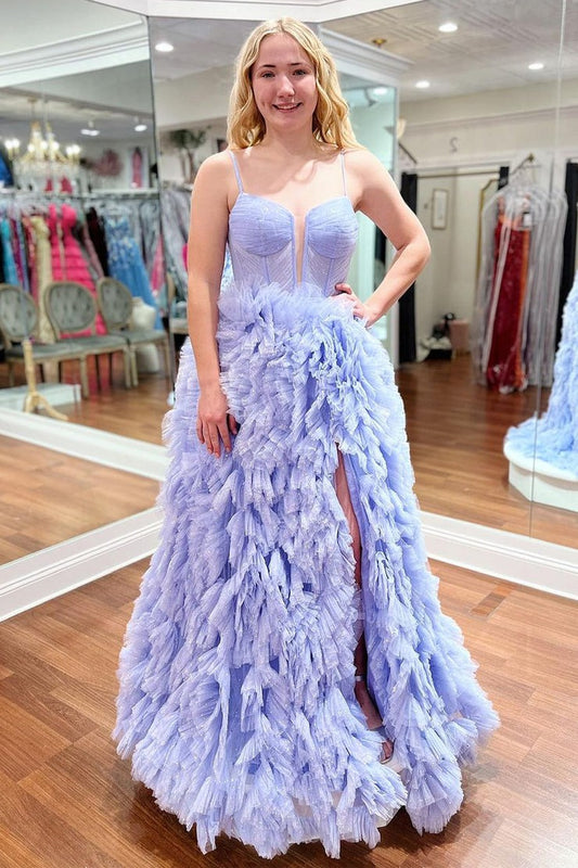 Glitter Lavender Ruffle Tiered Sweetheart Long Prom Dress with Slit