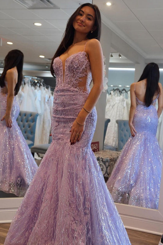 Lilac Lace Sequins Sweetheart Mermaid Long Prom Dresses