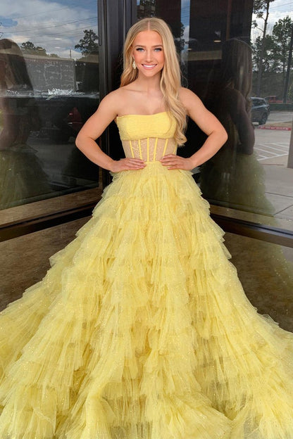 A-Line Yellow Strapless Ruffle Tiered Long Prom Dresses