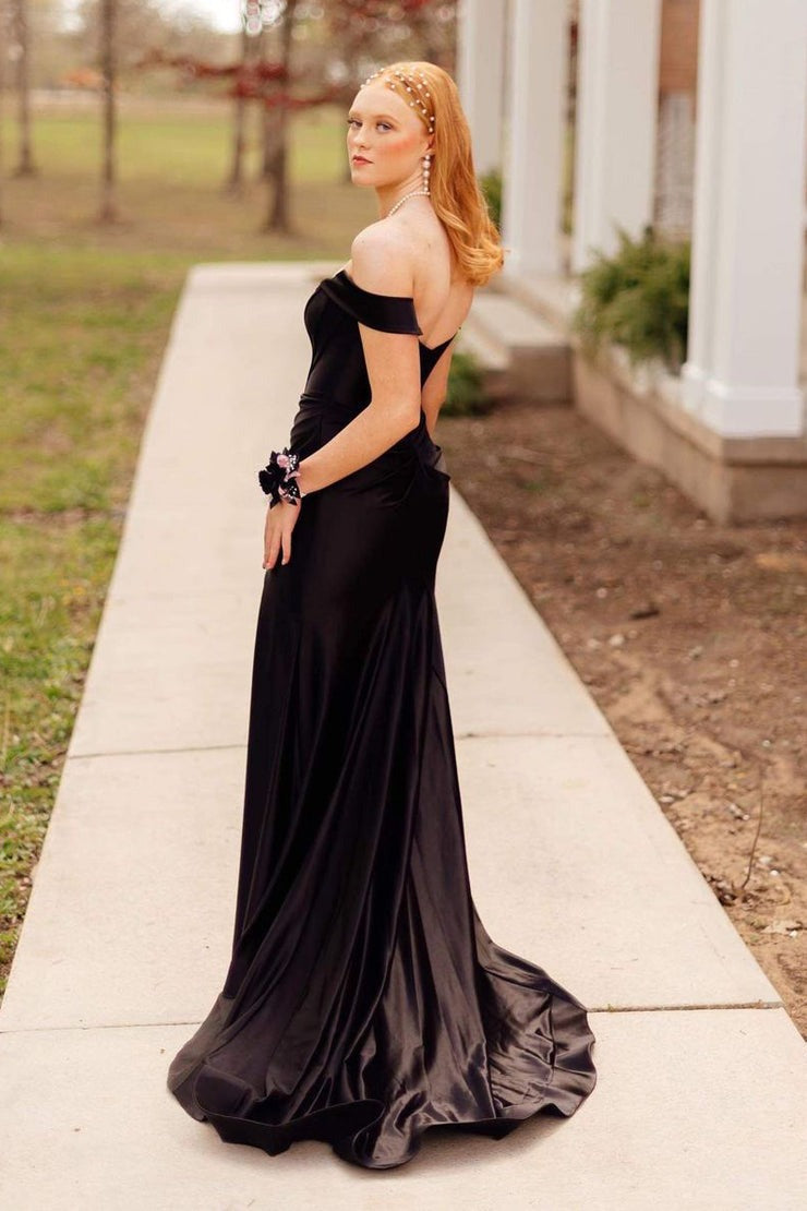 Off the Shoulder Mermaid Black Satin Long Prom Dress