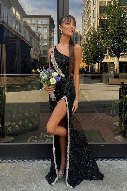 One Shoulder Black Sequins Long Mermaid Prom Dresses with Beading