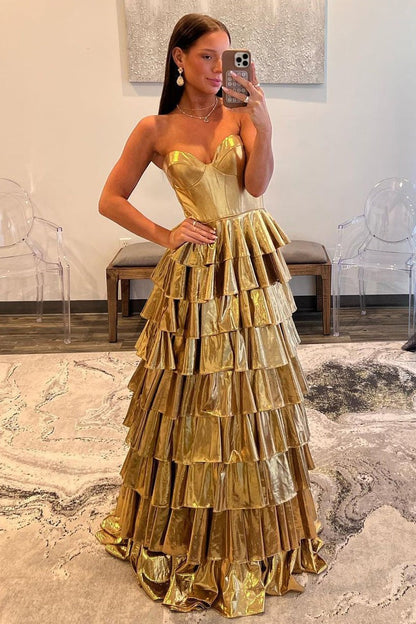 Strapless A Line Gold Ruffle Tiered Satin Long Prom Dress, PD25112
