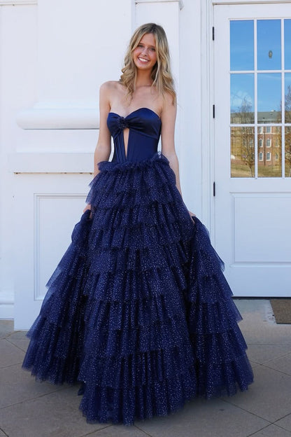 Navy Tulle Tiered Cute Ball Gown Sweetheart Keyhole Prom Dresses