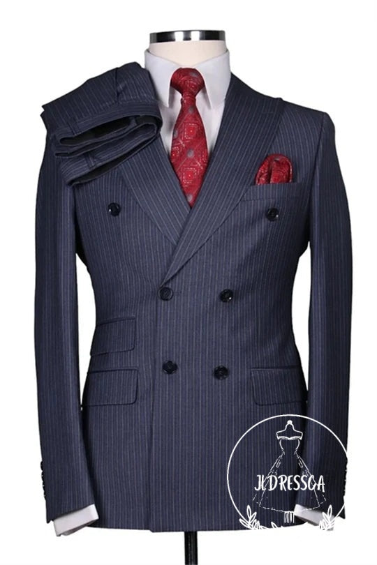 Dark Gray Striped Double Breasted Men Suits, SU25188