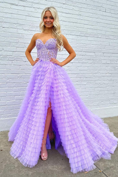 A-Line Sweetheart Ruffle Tiered Tulle Long Prom Dress