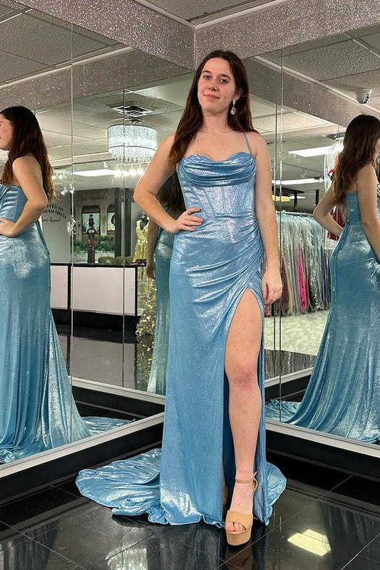 Light Blue Satin Mermaid Cowl Neck Glitter Long Prom Dress