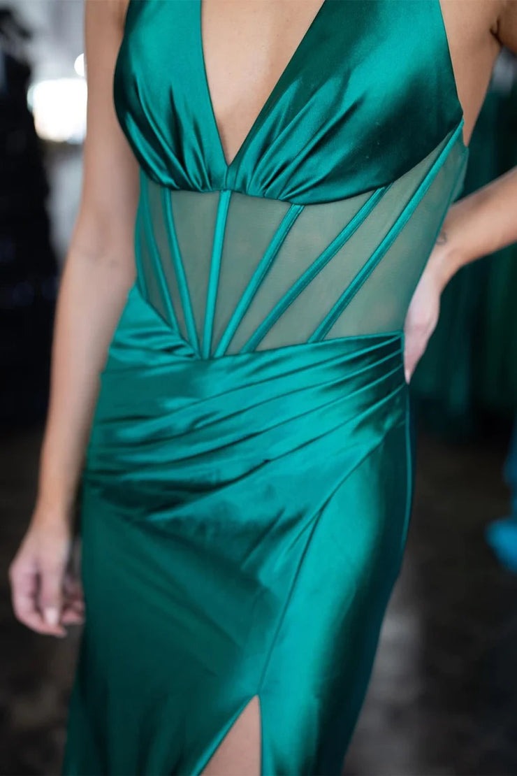 Magenta Halter Pleated Sheer Bodice Gown with Slit, PD25622