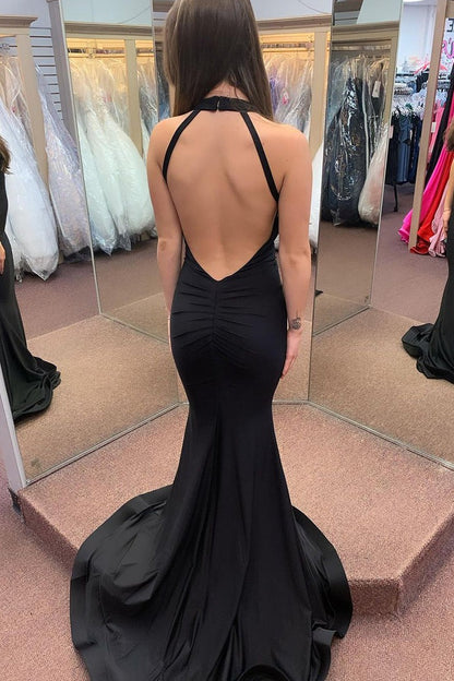 Black Satin Mermaid Deep V Neck Long Prom Dresses