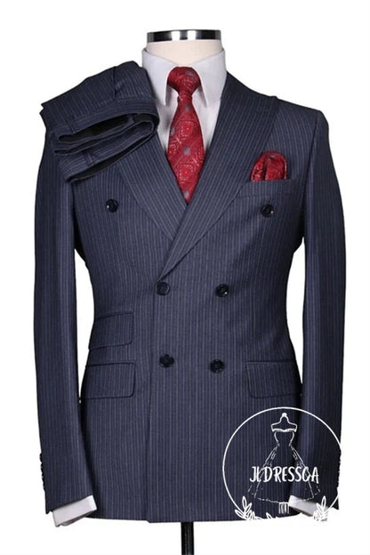 Dark Gray Striped Double Breasted Men Suits, SU25188