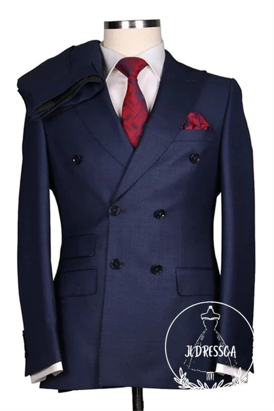 Navy Blue Double Breasted Close Fitting Formal Men Suits, SU25158