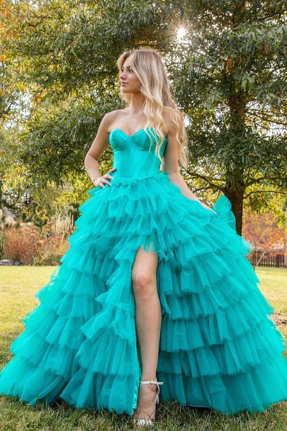 Turquoise Tulle A-Line Strapless Long Prom Dresses