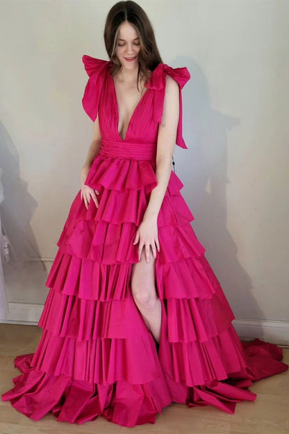 Black Plunge V Tiered Ruffle Ball Gown with Slit, PD25682