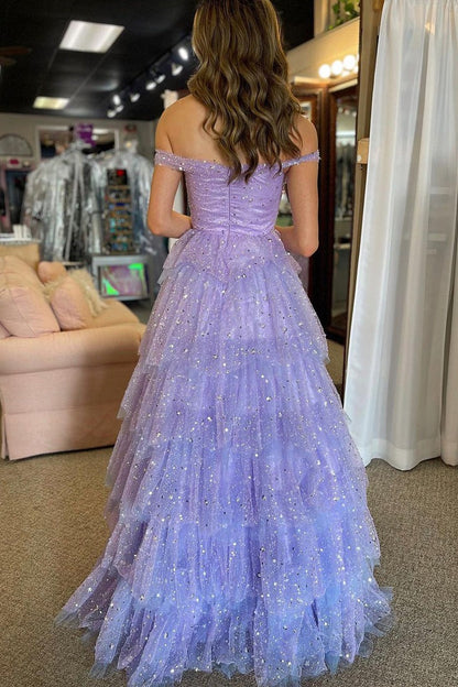 Lavender Tulle Off the Shoulder Ruffle Tiered Long Prom Dress