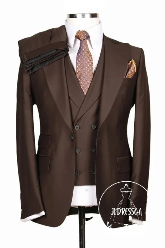 Dark Brown Three Pieces Slim Fit Men Suits, SU25178