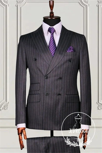 Dark Gray Striped Double Breasted Men Suits, SU25148