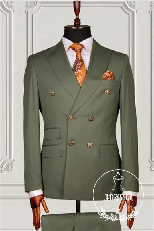Green Double Breasted Peaked Lapel Prom Men Suits, SU25108